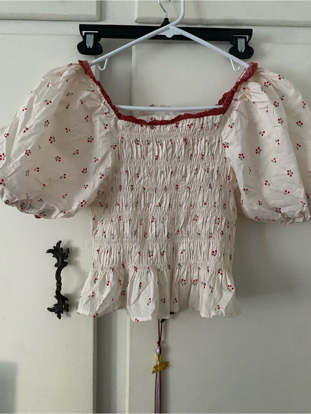 Smocked Puff-Sleeve Blouse in Cream with Red Accents